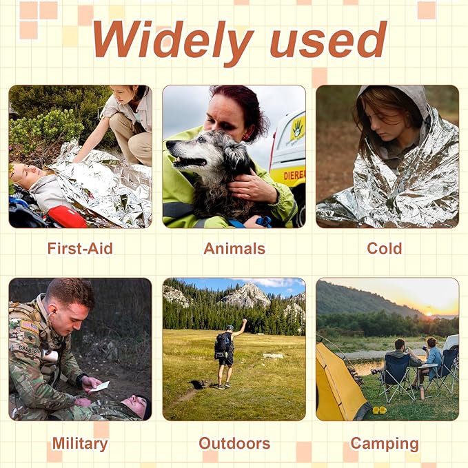 10 Pack Emergency Mylar Thermal Blankets - 63"x83" Extra Large Survival Space Blankets, Heavy Duty Reflective Camping Gear for First Aid, Hiking & Outdoor Safety (Gold-Sliver)