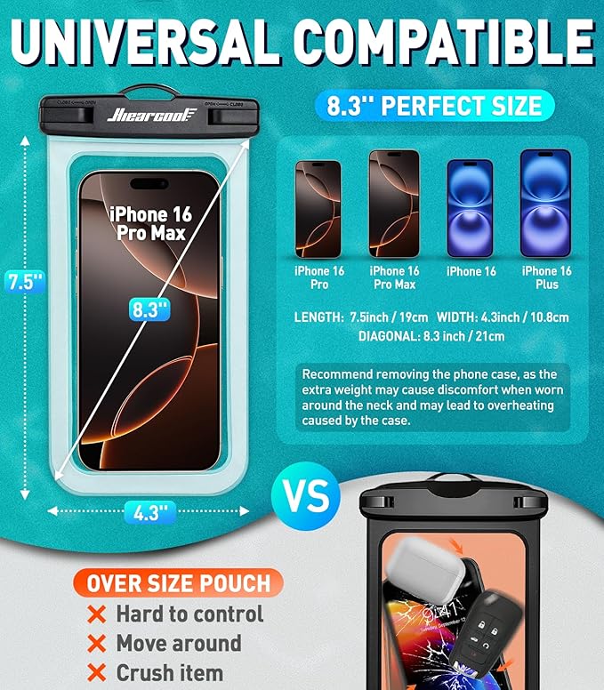 Hiearcool Universal Waterproof Phone Pouch,IPX8 Cell Phone Waterproof Case Up to 8.3" for iPhone 16 15 14 13 Pro Max,Beach Essentials Vacation Must Haves-Clear&Bright Red-2Pack