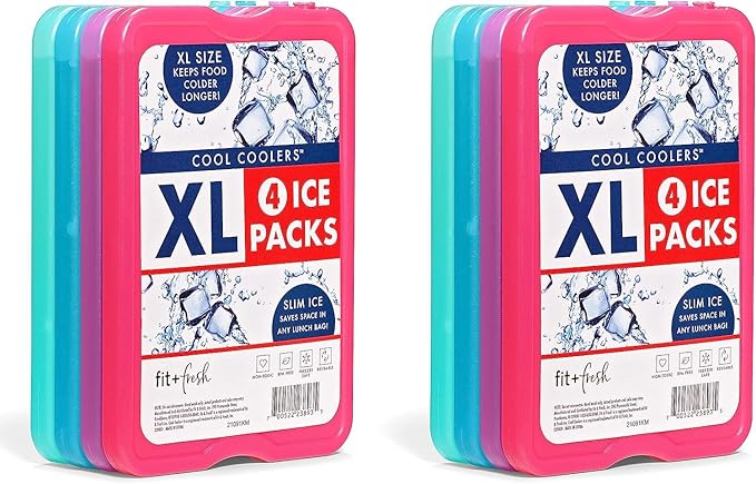 Cool Coolers by Fit & Fresh, Reusable & Long-Lasting XL Slim Ice Packs, Cold Packs for Cooler,Freezer Packs for Lunch Boxes Cooler Accessories for Lunch, Camping, Beach, and Work, 8PK, Multicolored
