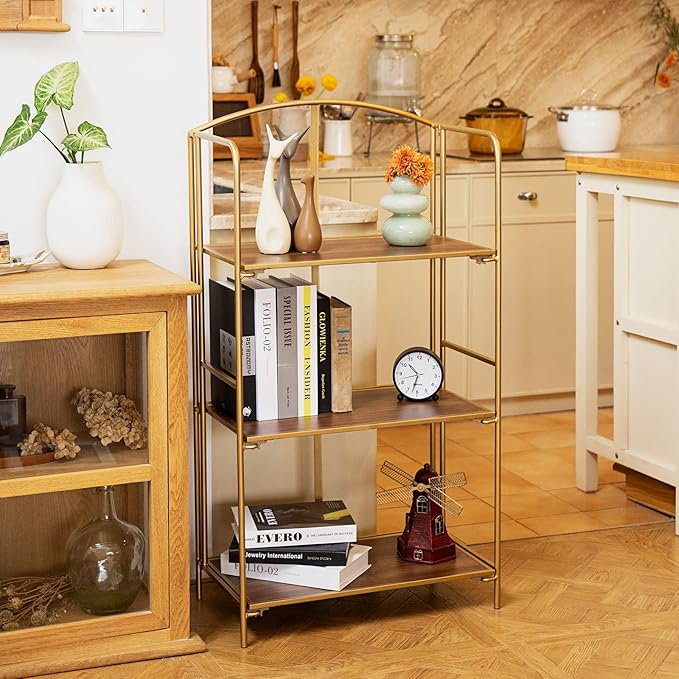 Crofy No Assembly Folding Bookshelf for Living Room, 3 Tier Gold Collapsible Book Shelf for Home Office, Portable Bookcase Storage Organizer