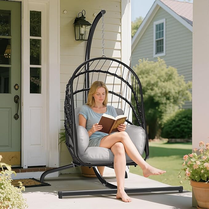 YITAHOME Hanging Egg Chair with Stand, Rattan Wicker Swing Egg Chair with Resistant Cushion, 370lbs Capacity, Foldable Hanging Basket Chair for Porch, Garden, Bedroom, Balcony - Grey