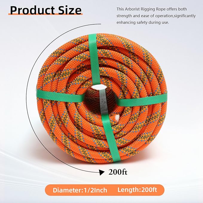 Climbing Rope, 1/2 Inch x 200 Feet Double Braided Arborist Rope Polyester for Outdoor, Climbing, Hiking, Swing, Tree Work, Halyard, Sailing etc(Orange)