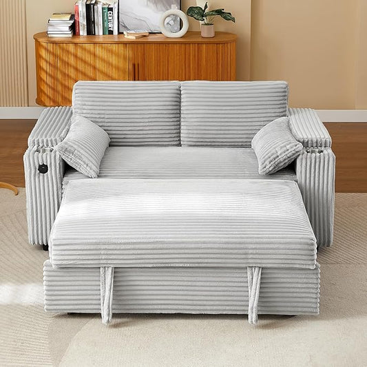 68.11" Corduroy Sleeper Chair Bed with USB Port, Cup Holders & Side Storage Pockets – 3-in-1 Foldable Sofa Bed for Guest Room, Living Room –Gray