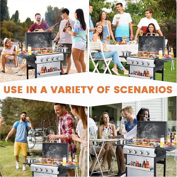 4-Burner Propane Gas BBQ Grill, SS Plancha, 49200BTU Stainless Steel Barbecue Grill With Wire Enamel Cooking Grids Foldable Side Table for Outdoor Camping(Style8: 4-Burner with SS Plancha)