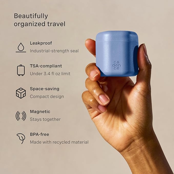 Cadence Travel Containers - Full Skincare Set - Magnetic Containers with Lids,Carry On Travel Essentials For Women/Men - 2 Small (0.56oz), 4 Medium Capsules (1.32oz), & Extender (1.43oz) - Pacific