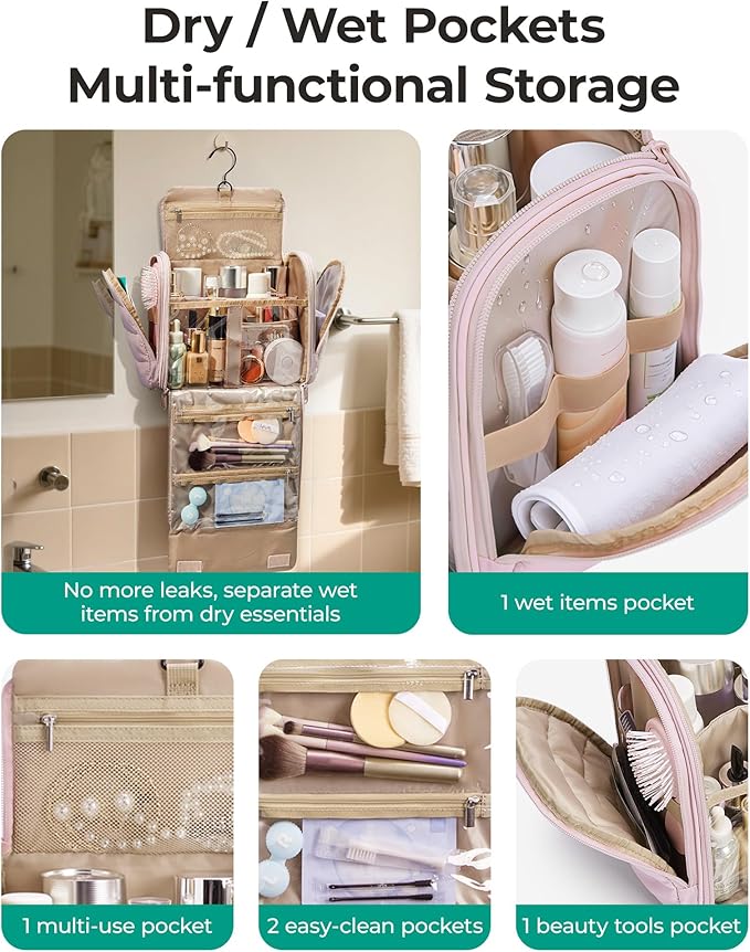 BAGSMART Travel Toiletry Bag with Removable Partition, Puffy Water-resistant Fabric Hanging Organizer for Full-Size Toiletries, Accessories, Black