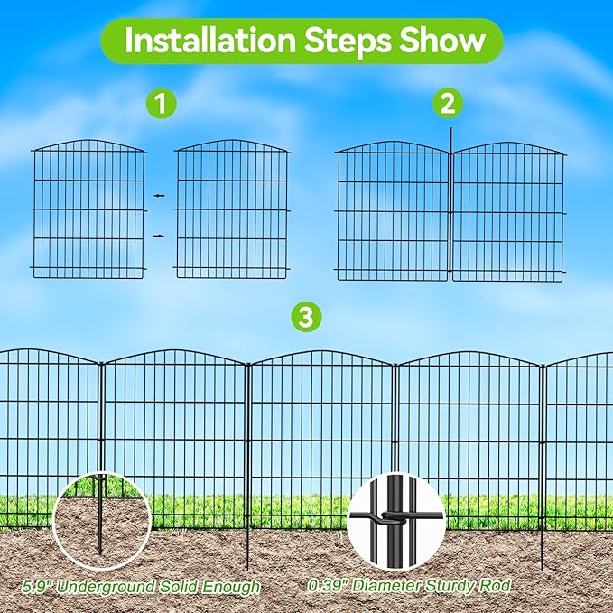INJOPEXI Decorative Garden Fence 12 Panels 23.6ft (L)×30in (H) Garden Fences with 12 Panels Rustproof Metal Wire No Dig Animal Barrier Fencing Rabbit Dog Fence for Yard Patio Outdoor - Without Gate