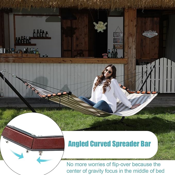 TegerDeger 12FT 2 Person Hammock Large Hammock Quick Dry 450LB Capacity with V Shaped Hardwood Spreader Bar & Nylon Rope for Outside, Patio, Garden, Backyard, Beach, Poolside - Beige Stripes