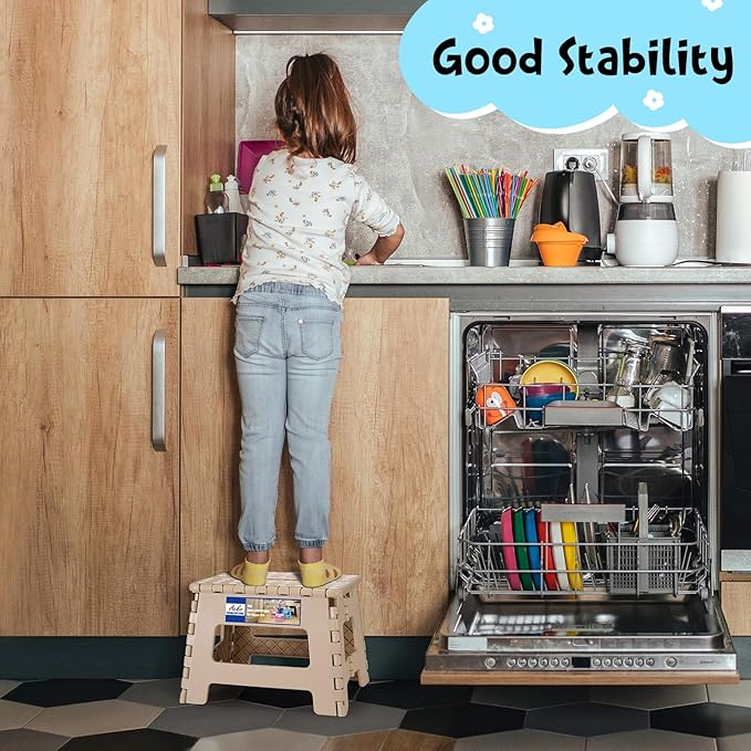ACKO Folding Step Stool 9 Inch 300 lb Capacity, Plastic Foldable Step Stools for Kids and Adults, Folding Stools Suitable for Kitchen, Stepping Stool with Handle Khaki 1PC