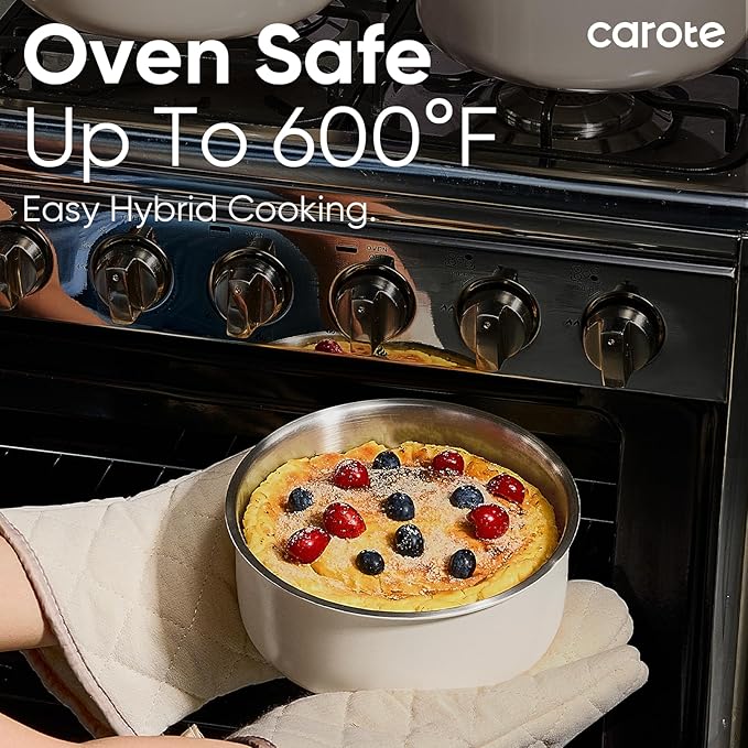 CAROTE 14pcs Pots and Pans Set, Stainless Steel Cookware Set Detachable Handle, Induction Kitchen Cookware Sets with Removable Handle, RV Cookware Set, Oven Safe, Camping Cookware, White