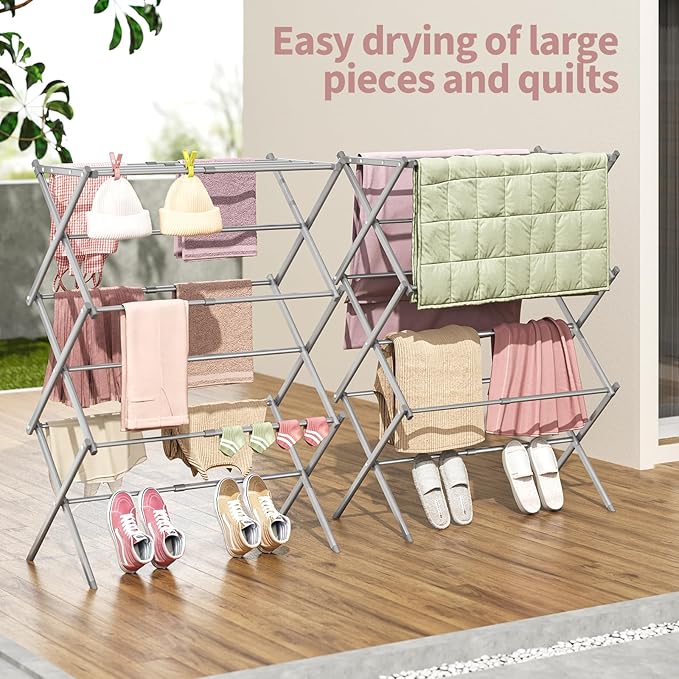 APEXCHASER Clothes Drying Rack, 3-Tier Laundry Drying Rack for Clothes, Expandable Metal Clothing Dryer, Collapsible Towel Rack, Air Drying Rack, Grey