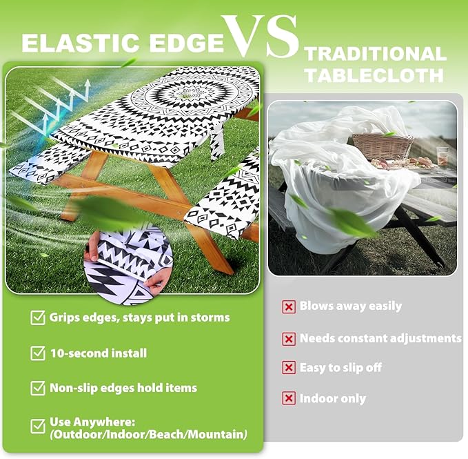 Fitted Picnic Table Cover with Bench Covers Vinyl Waterproof Elastic Edges Fitted Rectangle Tables Patio Tablecloth Camping Gear and Essentials Rv Accessories Road Trip Supplies Car Travel Must Haves