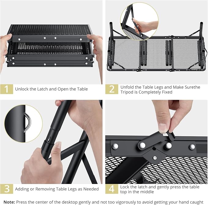 Folding Grill Table, Aluminum Camping Table Adjustable Height Max 27.5" Picnic Table Outdoor Table, Lightweight, Portable Handle for Travel Cooking BBQ Picnic, 35" x 16", Black
