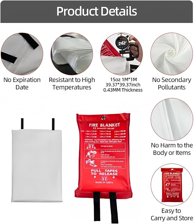 Fire Blanket,Fire Blankets Emergency for Home,39.4"x39.4" Emergency Fire Blanket for Kitchen Office School Warehouse Car Camping Grill Fireplace. (1 Pack)