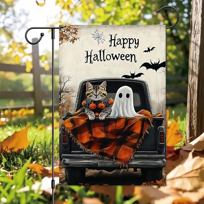 Happy Halloween Garden Flag 12X18 Inch Double Side,Ghost Yard Flag,Cat Small Garden Flag,Yard Outdoor Flag for Holiday Outside Patio Lawn Decoration