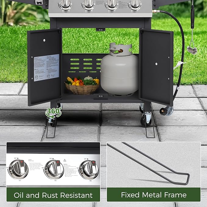 4-Burner Propane Gas BBQ Grill with Wheels, 40,000 BTU Output Stainless Steel Barbecue Grill for Backyard & Outdoor Cooking Easy Assembly, Foldable Side Tables & Spice Rack (Dark Black)