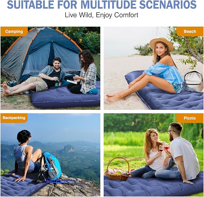 Sleeping Pad, 6" Extra Thick Camping Mat with Pillow Built-in Foot Pump, Ultra Comfortable Inflatable Sleeping Mat for Camping, Backpacking, Hiking, Camp Tent - Enjoy a Comfy Sleep