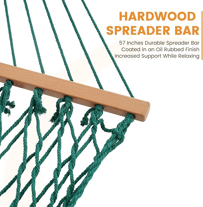 Lazy Daze Hammocks 12FT Double Rope Hammocks, 2 Person Hand Woven Cotton Hammock with Spreader Bar for Outdoor, Indoor, Patio, Poolside, FIT 13-15 Foot Stand, Max 450 Lbs, Green, 141 x 57 inches