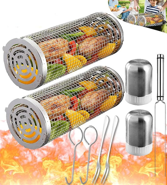 Rolling Grilling Baskets for Outdoor Grill Bbq Net Tube Must Have Large Round Mesh Barbecue Cylinder Cage Gadgets Cooking Accessories Essentials for Picnic Vegetable Fish Meat Veggies, Gift for Men
