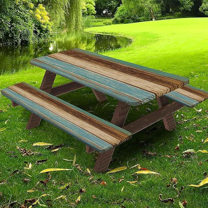 CAPSCEOLL Picnic Table Cover with Bench Covers 8Ft Waterproof Camping Tablecloth All-Weather Outdoor Table Protector with Drawstring Bag for Camping Essentials, 96X30In, Blue Brown Wood