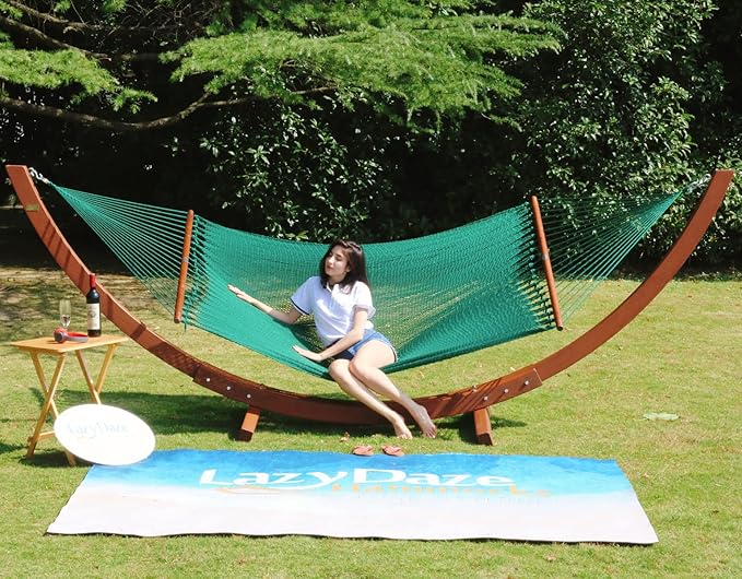 Lazy Daze Hammocks 10.5 FT Double 2 Person Caribbean Rope Hammock, Hand Woven Polyester Hammock with Spreader Bars, for Outside Outdoor Backyard Patio Poolside,450 LBS Capacity, Green