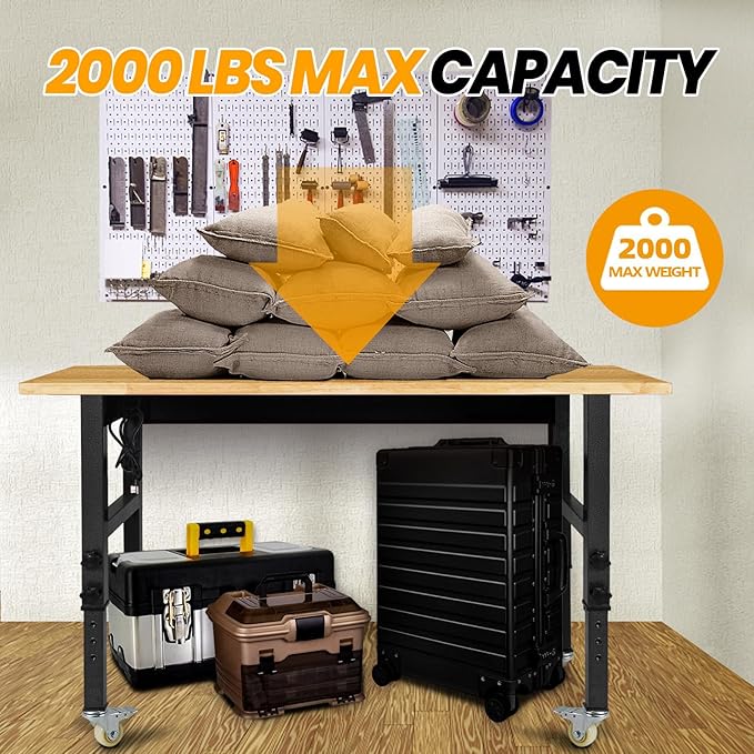 48" Adjustable Work Bench, Rubber Wood Top Workbench Heavy-Duty Work Table with Power Outlet,workbenches Wheels, 2000 LBS Load Capacity Hardwood Work Benches for Garage, Workshop, Home, Office