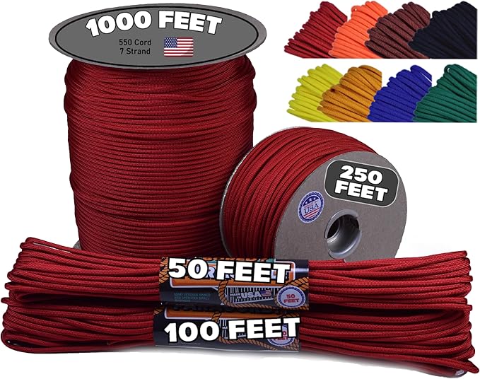 BORED? PARACORD! 550 lb Paracord - Ideal for Crafting, Camping, DIY Projects, Active & Military Outdoors - Strong Survival Rope - Tactical Parachute Cord Type III - Red 50 Feet