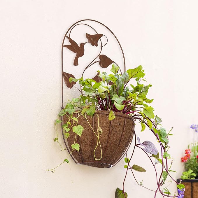 BAYN 2PKs Wall Hanging Planter Decor Art with Hummingbirds, Metal Wall Mounted Planters Indoor Outdoor Wall Planter for Succulent Herb Home Garden Yard