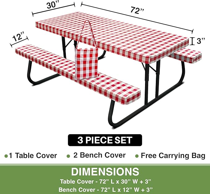Hudson Comfort Picnic Table Cover with Bench Covers – 500 GSM Reusable Heavy Duty Vinyl Outdoor Table Cover - Waterproof Picnic Tablecloth with Carry Case (Red, 72 Inch (6 Feet))