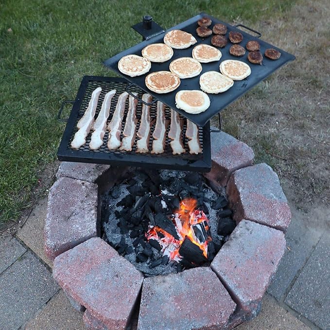 GameMaker Open Fire Camping Grill & Skillet Combo – Portable Outdoor Campfire Cooking Tool, Heavy-Duty BBQ Grill for Camping & Hiking