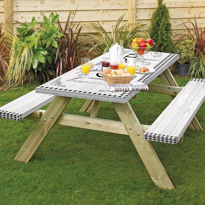 famibay 3 Piece Picnic Table Cover with Bench Covers Checkered Camping Tablecloth Fitted Picnic Table Covers with Elastic Windproof Waterproof Fabric Reusable Camping Table Covers(12" x72"+30" x72")