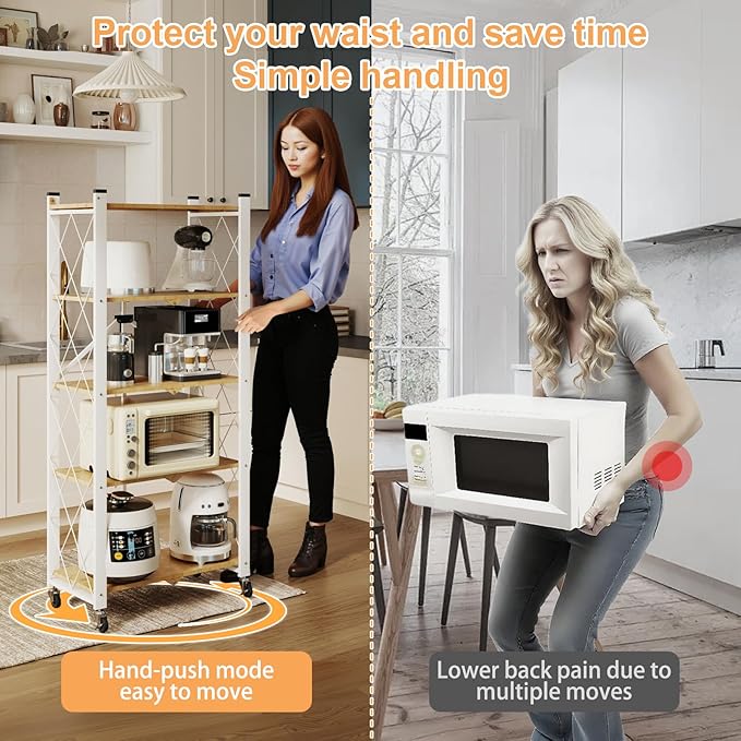 5-Tier Foldable Storage Shelves with Wheels, Folding Metal Shelf Unit, Folding Bookshelf no Assembly, Collapsible Shelves for Craft Shows for Kitchen, Bedroom, Living Room, Natural