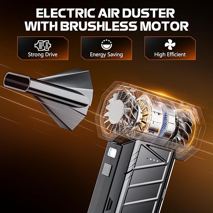 Compressed Air Duster - Cordless Mini Electric Air Duster with Led Light, 3 Adjustable Speeds & 5 Nozzles Storage Bag- Perfect for PC, Car, Outdoor & Home Cleaning (Black)