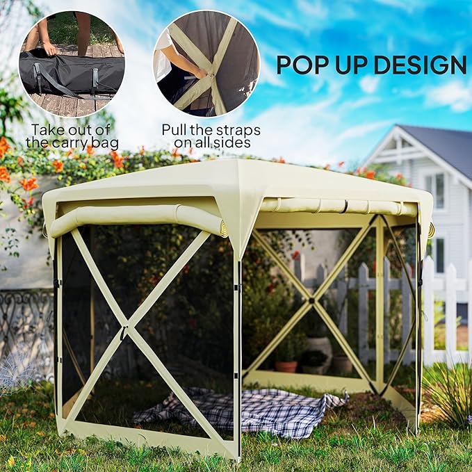 Outsunny Pop Up Gazebo Screen Tent House, 11 x 11ft with UPF30+ Removable Roof Cover, 4 Roll-up Wind Panels and Carry Bag for Camping, Patio, Backyard, Lawn, Beige