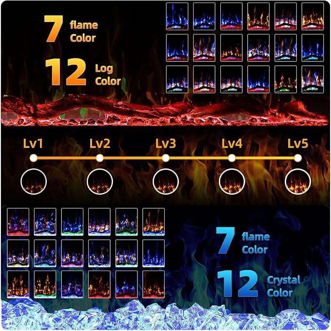 BREEZEHEAT 50 Inch Electric Fireplace-Recessed & Wall Mounted Linear Fireplace-750/1500W Heater w/Temperature Control, Log & Crystal Options, Adjustable Flame, Remote Control