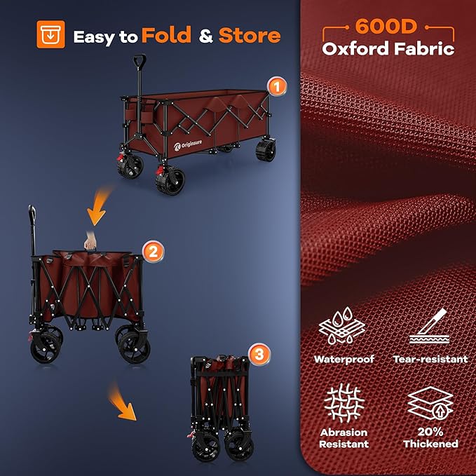 48" L Collapsible Wagon Cart Foldable, 560LB Weight Capacity 300L Heavy Duty Folding Beach Wagons with Big All-Terrain Wheels, Utility Carts for Groceries, Shopping, Camping, Sports - Red