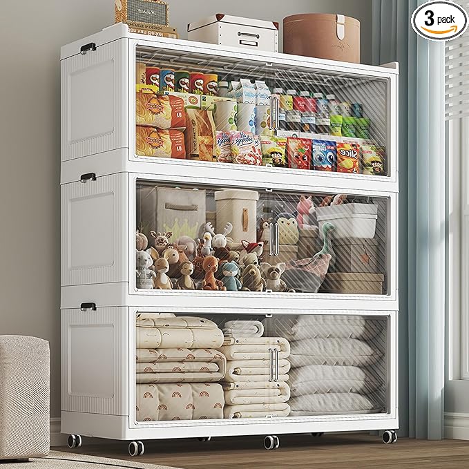 150GAL Extra Large Stackable Storage Bins with Lid, 600QT Plastic Closet Organizer and Storage Cabinet with Wheels and Doors, Folding Storage Box Container for Home Organization, 3Pack White