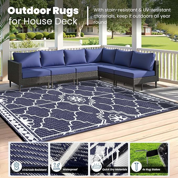 6x9Ft Outdoor Rug, Solar Powered Outdoor Rug with 94LEDs Strip Lights for House Deck, Waterproof Plastic Reversible Outdoor Straw Rugs, Rugs Mat RV Camping Patio Beach Balcony Picnic (Blue White)
