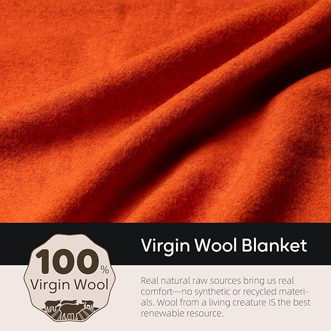 100% Wool Blanket, 62" x 86", Warm, Thick, Washable, Military Wool Blanket, Great for Camping, Outdoors, Sporting Events, Survival Kits, OrangeRed