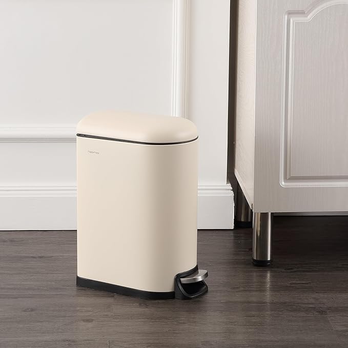 happimess HPM1009F Roland Mini 2.6-Gallon Step-Open Trash Can, Limestone Beige,with Soft-Close Lid, Fingerprint Resistant, Modern, Minimalistic for Home, Kitchen, Office, Bedroom, Bathroom