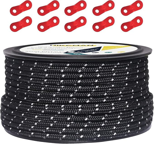 HIKEMAN 50m Reflective Guyline Solid Braid Nylon Camping Rope with Aluminum Adjuster Cord Tensioner Tent Accessory for Outdoor Travel,Hiking,Backpacking and Water Activities (Black, 5mm)