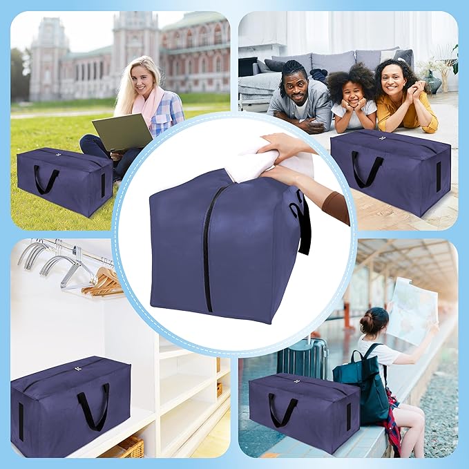 4 Pack Large Strong Moving Bags with Zippers & Carrying Handles - Water-Resistant - Heavy Duty Storage Tote for Space Saving, Fold Flat, Alternative to Moving Box (Blue)