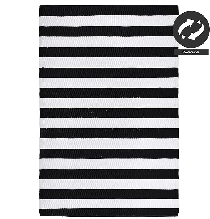 FH Home Outdoor Rug - Waterproof, Fade Resistant, Reversible - Premium Recycled Plastic - Striped - Patio, Deck, Porch, Balcony, Laundry Room - Brittany Stripe - Black & White Crease Free - 4 x 6 ft
