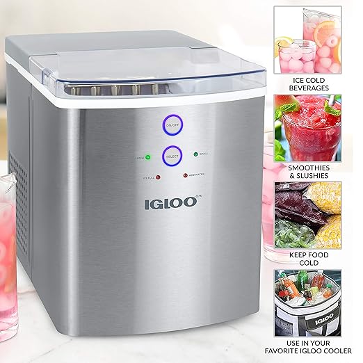 Igloo Electric Countertop Ice Maker Machine - Automatic and Portable - 33 Pounds in 24 Hours - Icecube Maker - Plastic Scoop and Basket - Ideal for Iced Coffee and Cocktails - Stainless Steel