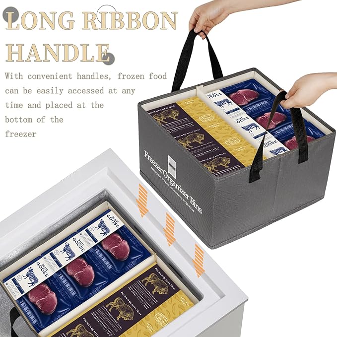 Freezer Organizer Bins, 2 Pack Collapsible Deep Freezer Organizer Bins for 15"x14"x9", freezer Storage Bins with Removable Dividers, Handles (Dark Grey, 2 Pack)