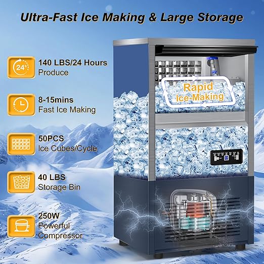 Commercial Ice Maker Machine with 40 lbs Storage Bin, 140 lbs/24H Built in Ice Machine with 2-Water Inlet Options, Stainless Steel Under Counter Freestanding Ice Maker for Home, Bar, and Restaurant