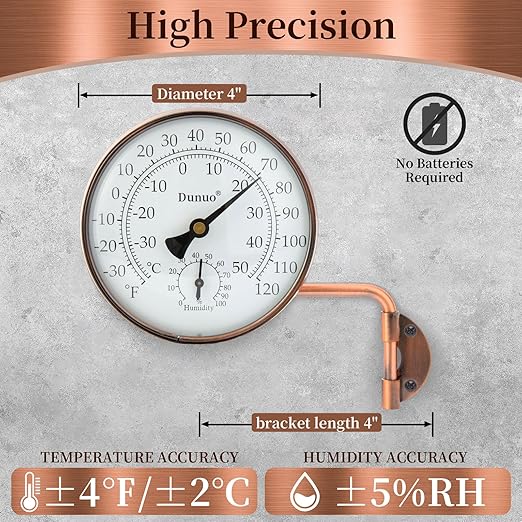 4" Brass Outdoor Thermometer, Indoor Thermometer for Room – Analog Wall-Mount Temperature Gauge with Humidity – Decorative for Patio, Garage, House, Greenhouse, Window, Antique Bronze