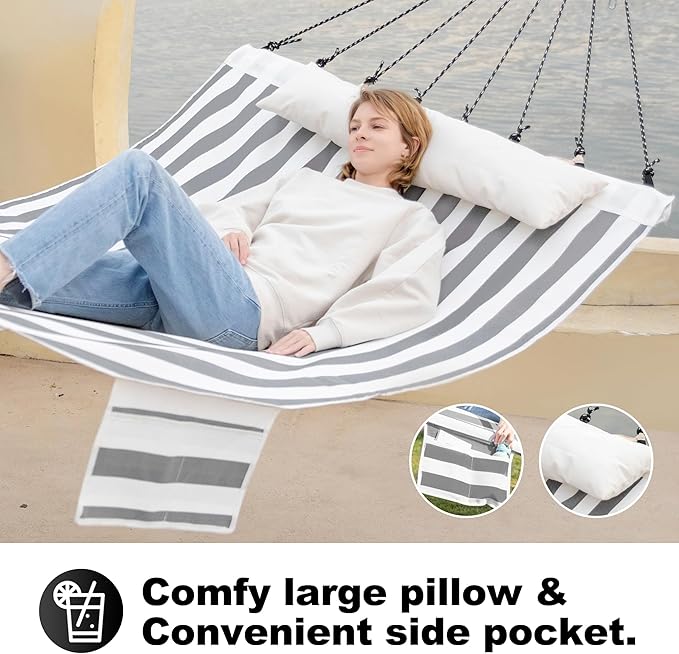 14ft Two Person Outdoor Hammock, Portable Camping with Folding Steel Spreader Bar, Carrying Bag, Carabiners, Tree Straps, Pillow & Sidebag, Quick Dry Textilene, 550 lbs Capacity (Piano)