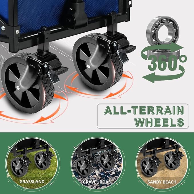 Collapsible Folding Wagon Cart with Tailgate - 300lbs Heavy Duty Foldable Utility Wagon and Brake Wheels - 100L Lightweight Grocery Wagons for Shopping Camping Sports Garden, Blue