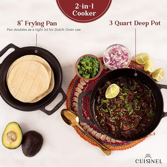 Cuisinel Cast Iron Dutch Oven - 3-Quart Deep Pot - Pre-Seasoned 2-in-1 Multi-Cooker - Combo Lid Doubles as 8"-inch Skillet Frying Pan + Silicone Handle Covers + Scraper - Use for Baking Bread